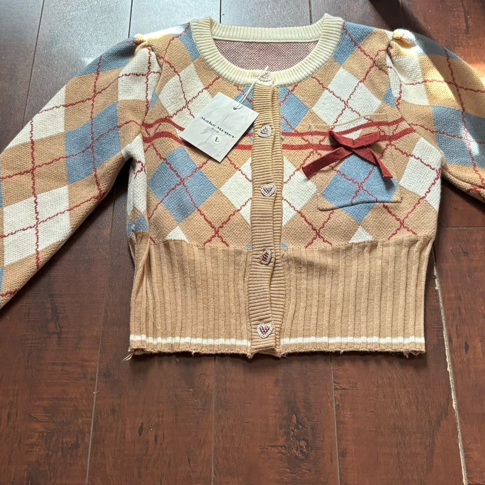 Argyle Cardigan with Bow Accent